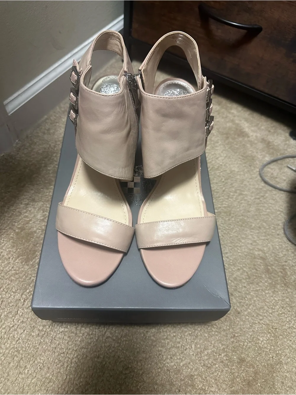Vince Camuto Blush Nude Triple-Buckle Wedge Sandals